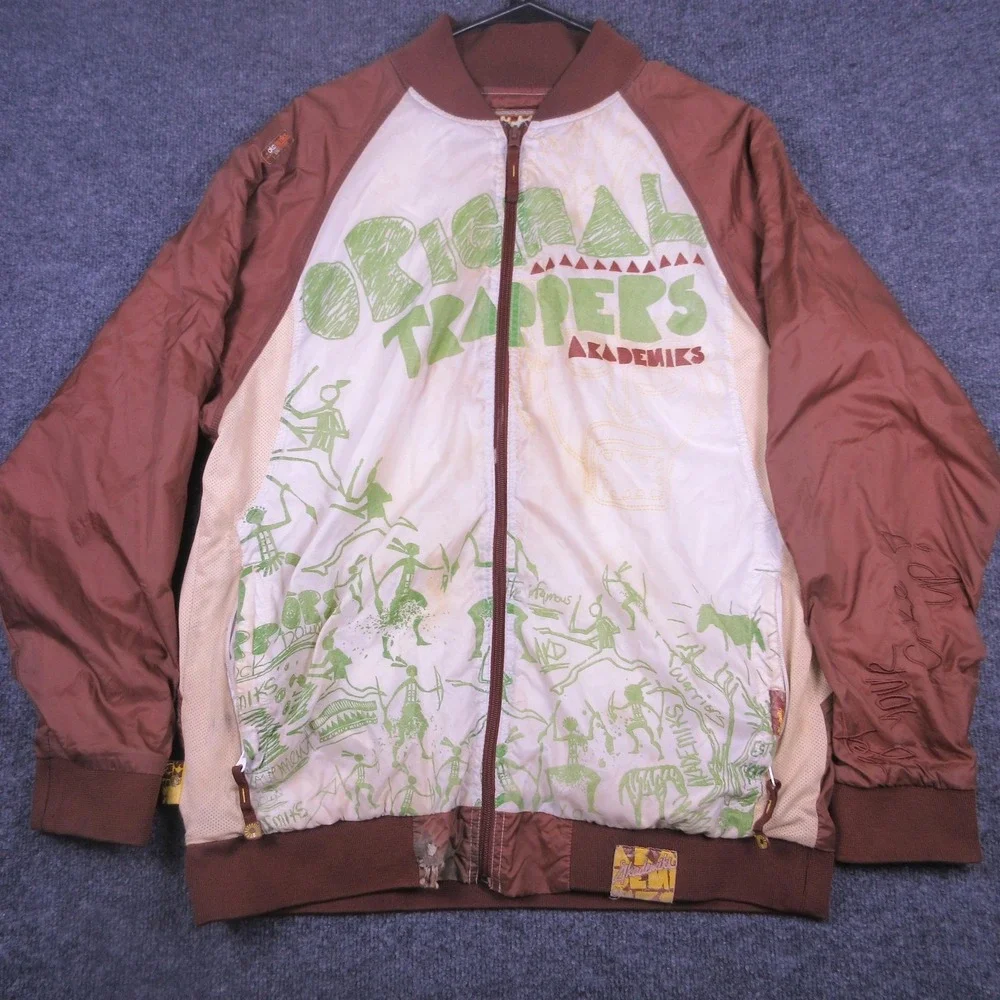 Akademiks Jacket Mens Large Brown Original Trappers Tribal Bomber Graphic Zip